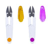 A set of colorful seam ripper and thread cutter tools in yellow, white, and purple.