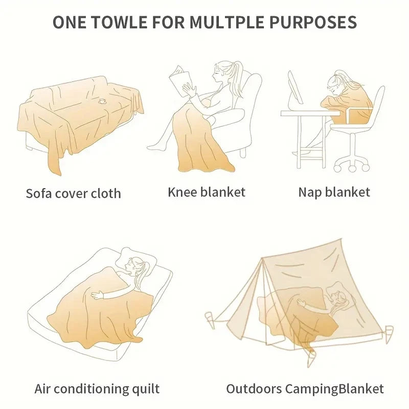 Various uses for a single towel including sofa cover cloth, knee blanket, nap blanket, air conditioning quilt, and outdoors c
