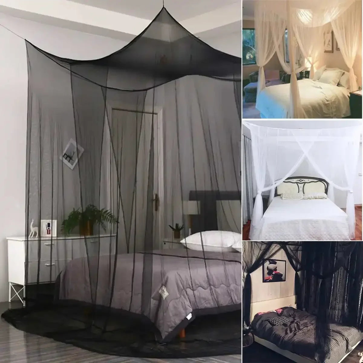 A sheer black mosquito netting canopy draped over a bed, creating a private sleeping area.