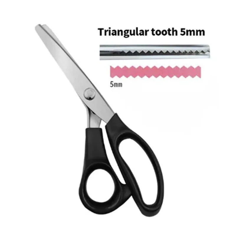 Stainless steel zig zag lace sewing scissors with a 5mm triangular tooth.