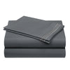 A stack of four gray microfiber bed sheets folded neatly, showing a striped detail on the top sheet.
