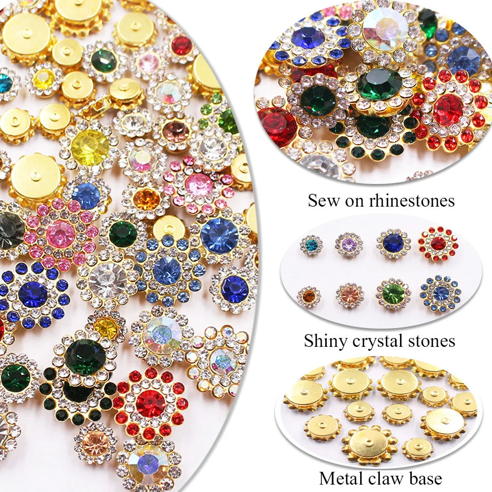 A collection of colorful crystal rhinestone sew-on buttons and decorative elements on a white background.