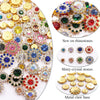 A collection of colorful crystal rhinestone sew-on buttons and decorative elements on a white background.