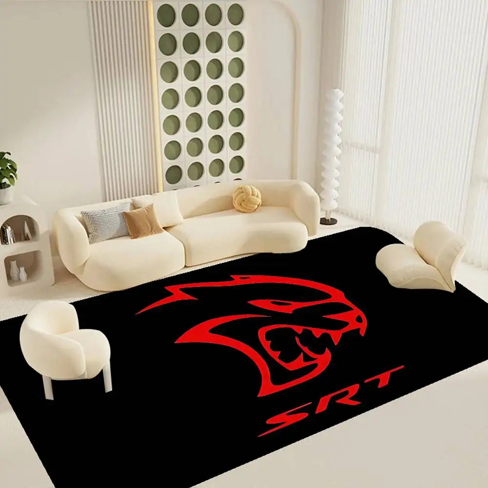 A black anti-slip door mat featuring a red stylized roaring lion head logo on a white floor.