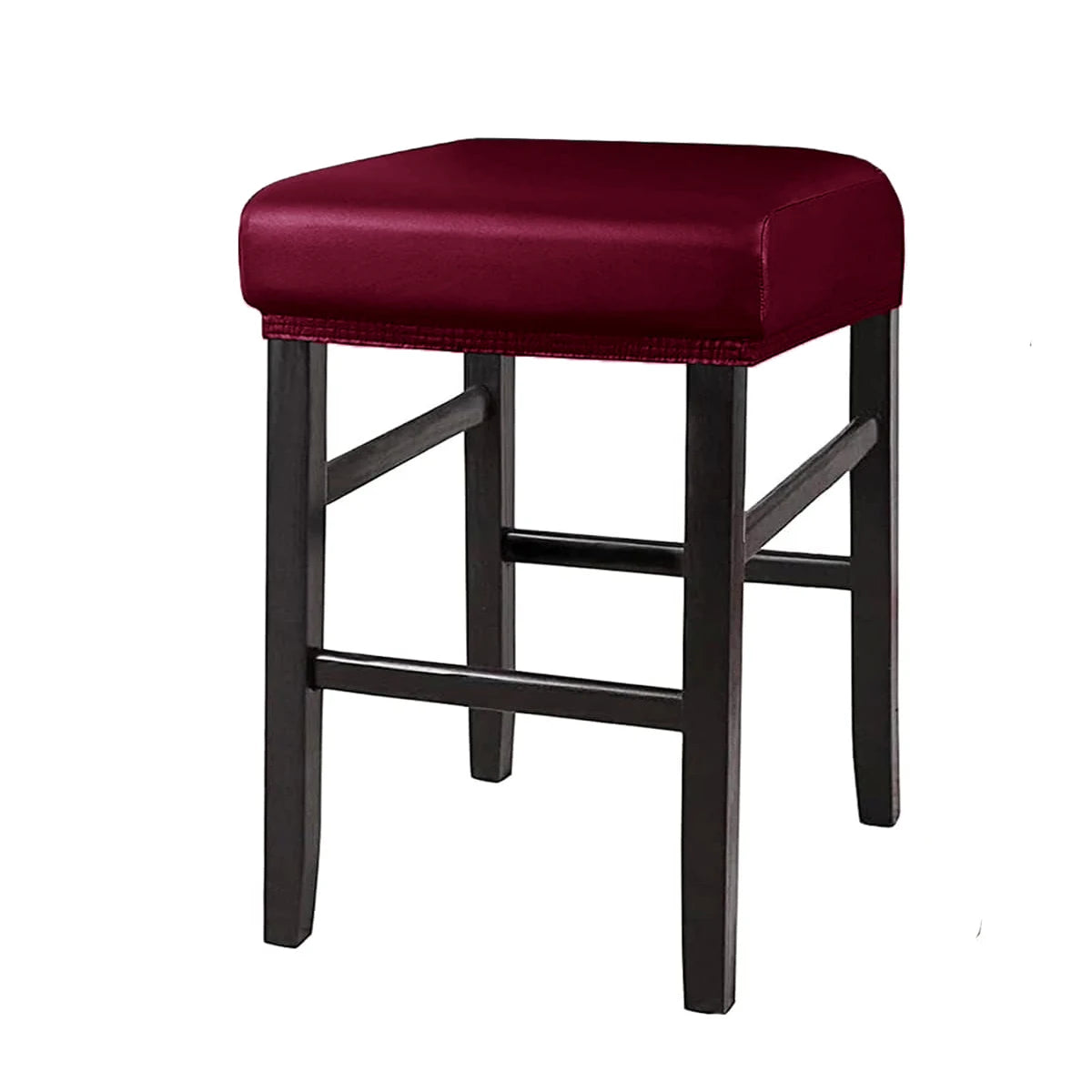 A deep burgundy waterproof PU leather bar stool cover with a black wooden frame.