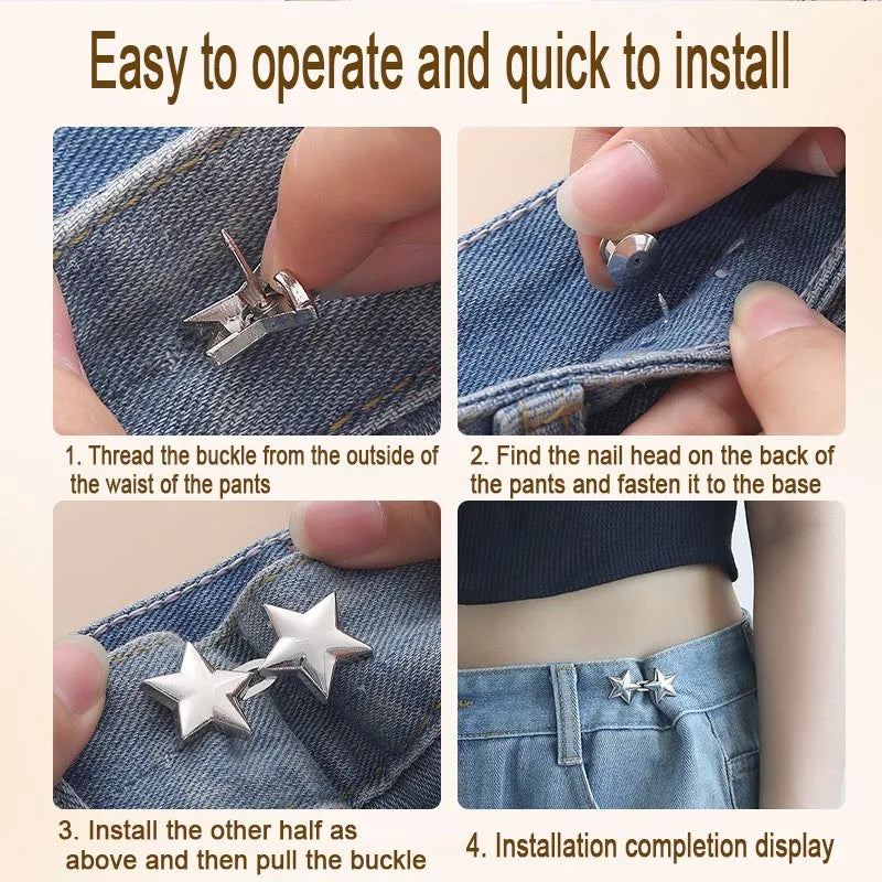 Step-by-step guide showing how to thread and install adjustable waist clip brooches onto denim fabric.