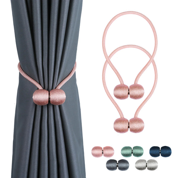 Pink and green magnetic curtain tiebacks with rose gold cord for elegant drapery