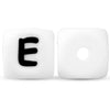 Two white silicone alphabet beads, one displaying the letter E and the other showing a blank circle.