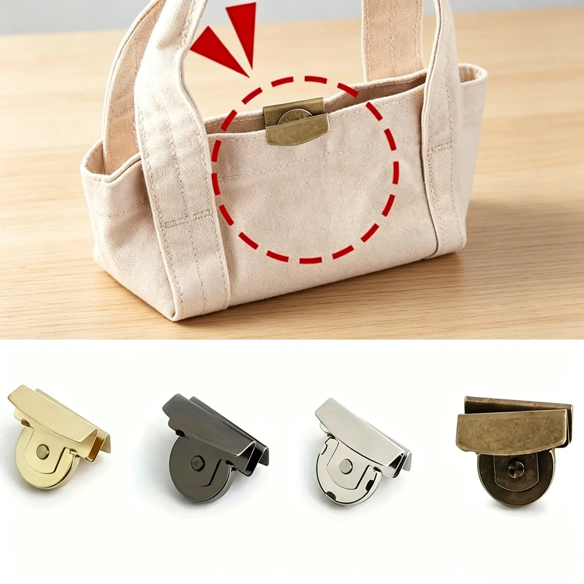 Five metal seamless magnetic closure buckles in various finishes shown individually.