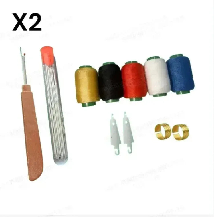 Two precision hand sewing kits showing steel needles and various colored thread spools.