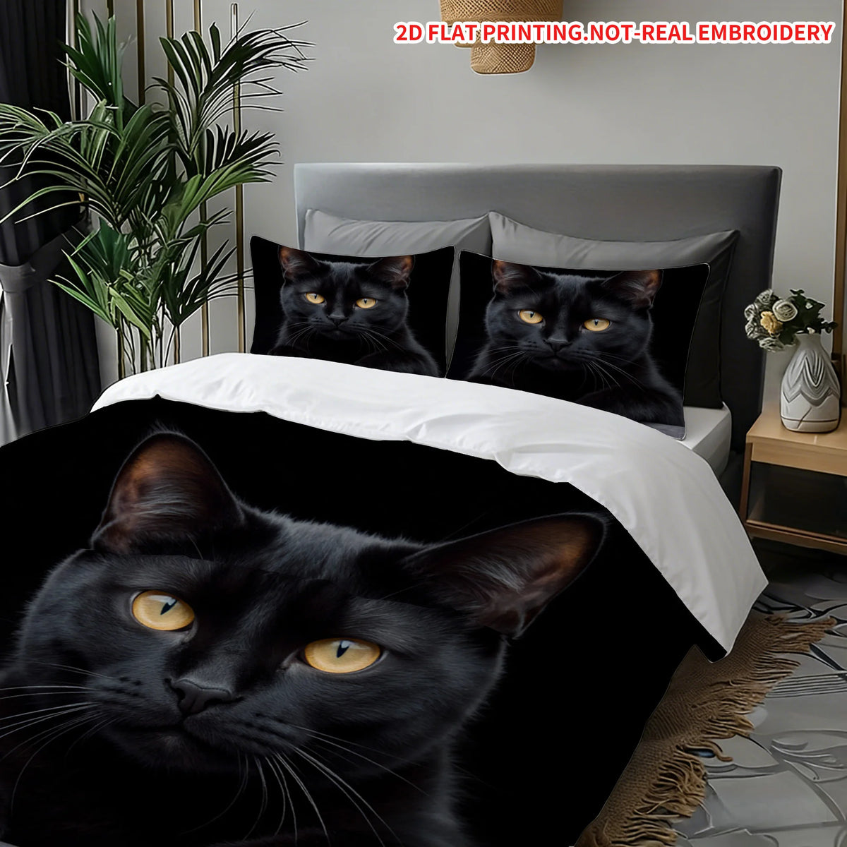 A black cat pattern quilt cover set featuring realistic cat faces printed on fabric.