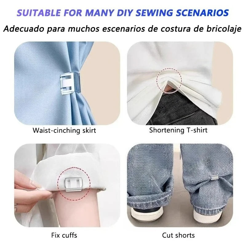 Invisible edge clips used for adjusting pant hems, including waist-cinching skirts, shortening t-shirts, fixing cuffs, and cu