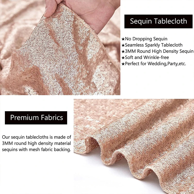 Close-up of a rose gold sequin tablecloth fabric showing high density sequins and mesh backing
