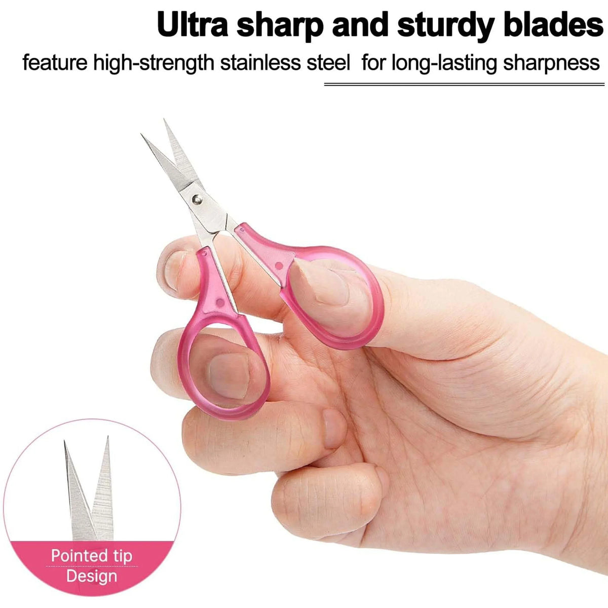 A hand holds a pair of pink precision craft scissors featuring a pointed tip design.