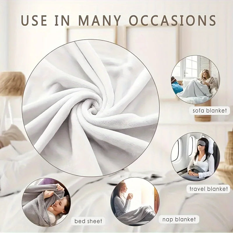 Various uses of an urban style gradient fleece throw blanket including sofa, bed, and travel applications.