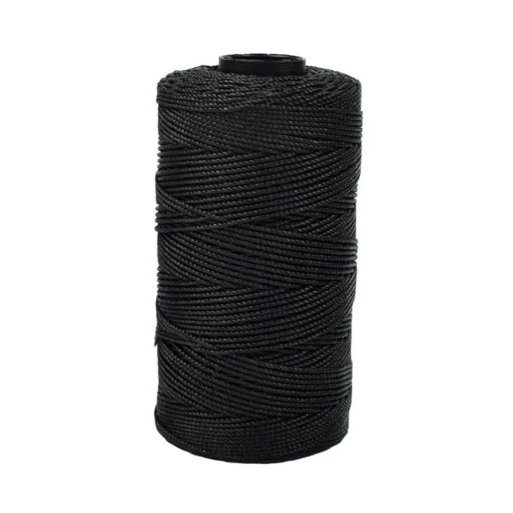 A spool of black 1.5mm cotton silk thread for knitting and crafting.