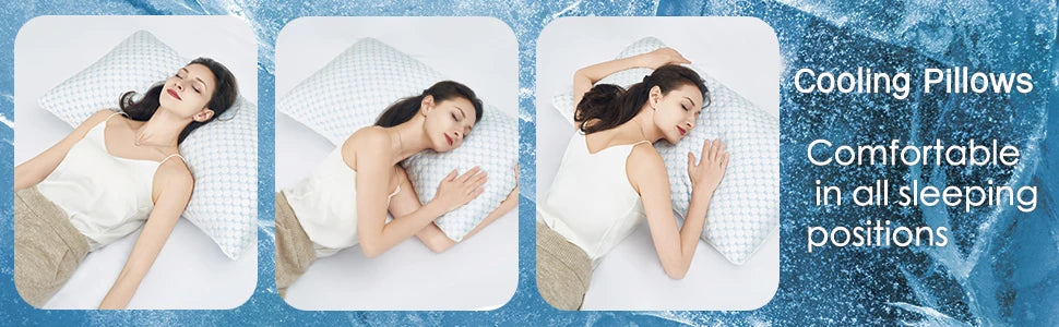 Three women demonstrate the Cooling Pillows in different sleeping positions showing comfort and support.