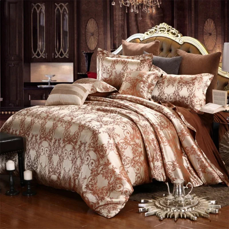 A luxury royal style duvet cover set featuring brown and beige patterned fabric on a bed.