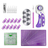 A set of 45mm rotary cutters, a cutting mat, and various craft accessories including blades and guides.