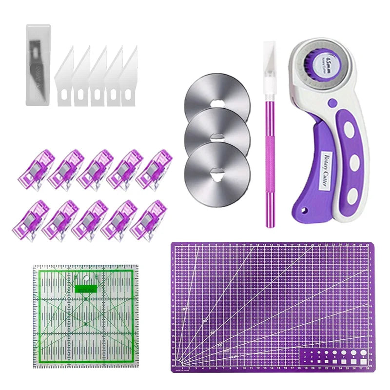 A set of 45mm rotary cutters, a cutting mat, and various craft accessories including blades and guides.