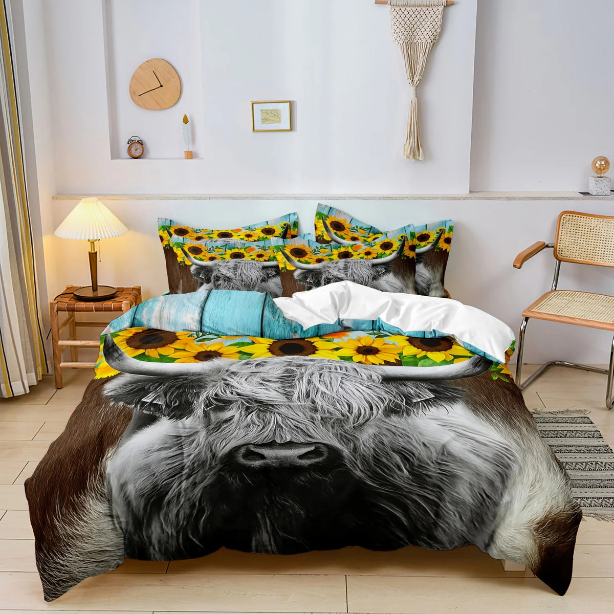Highland cow print bedding set featuring a realistic cow head design on a bed.