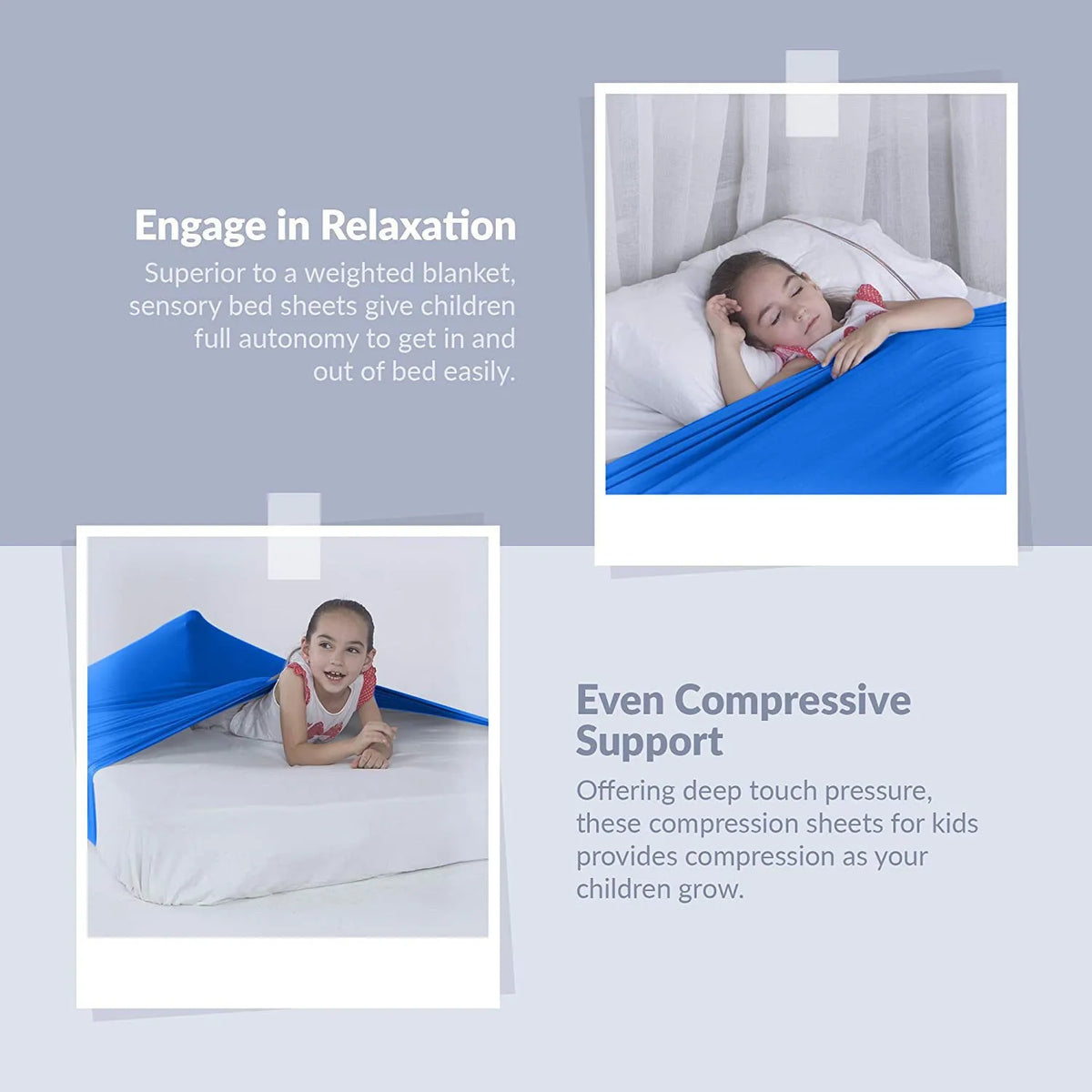 A child is shown using a blue sensory bed sheet for relaxation and compression support.