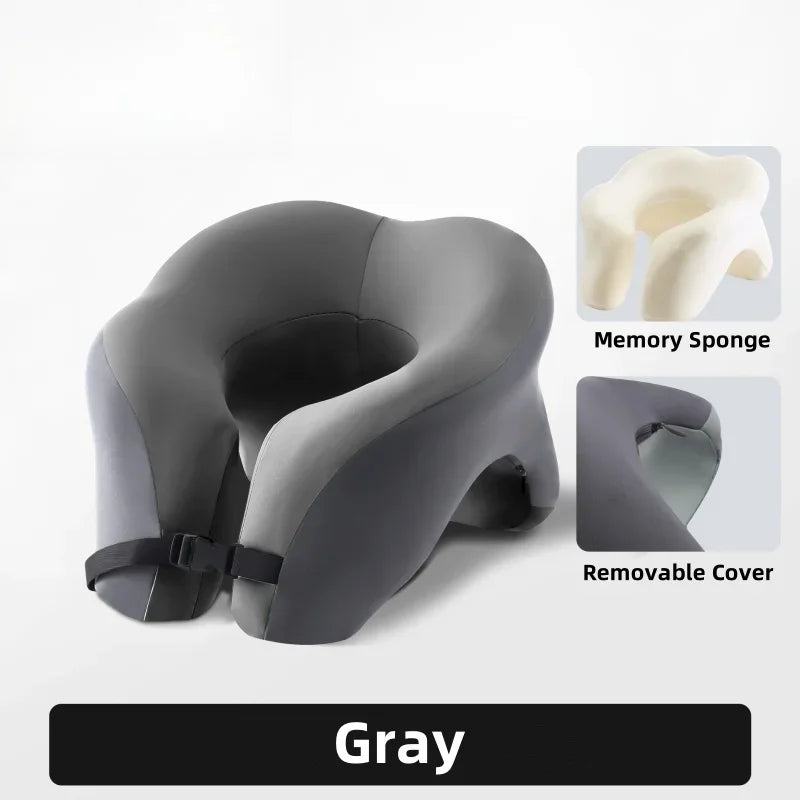Gray memory foam U-shaped travel neck pillow with removable cover and memory sponge