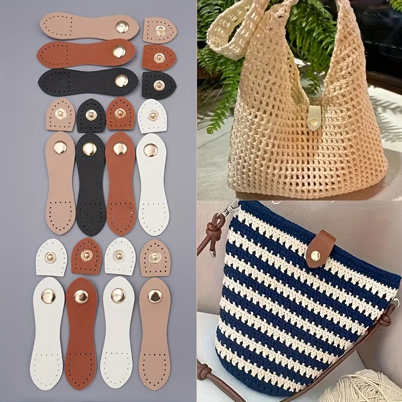 A set of eight handmade leather bag buttons in various shades of brown, black, and beige.