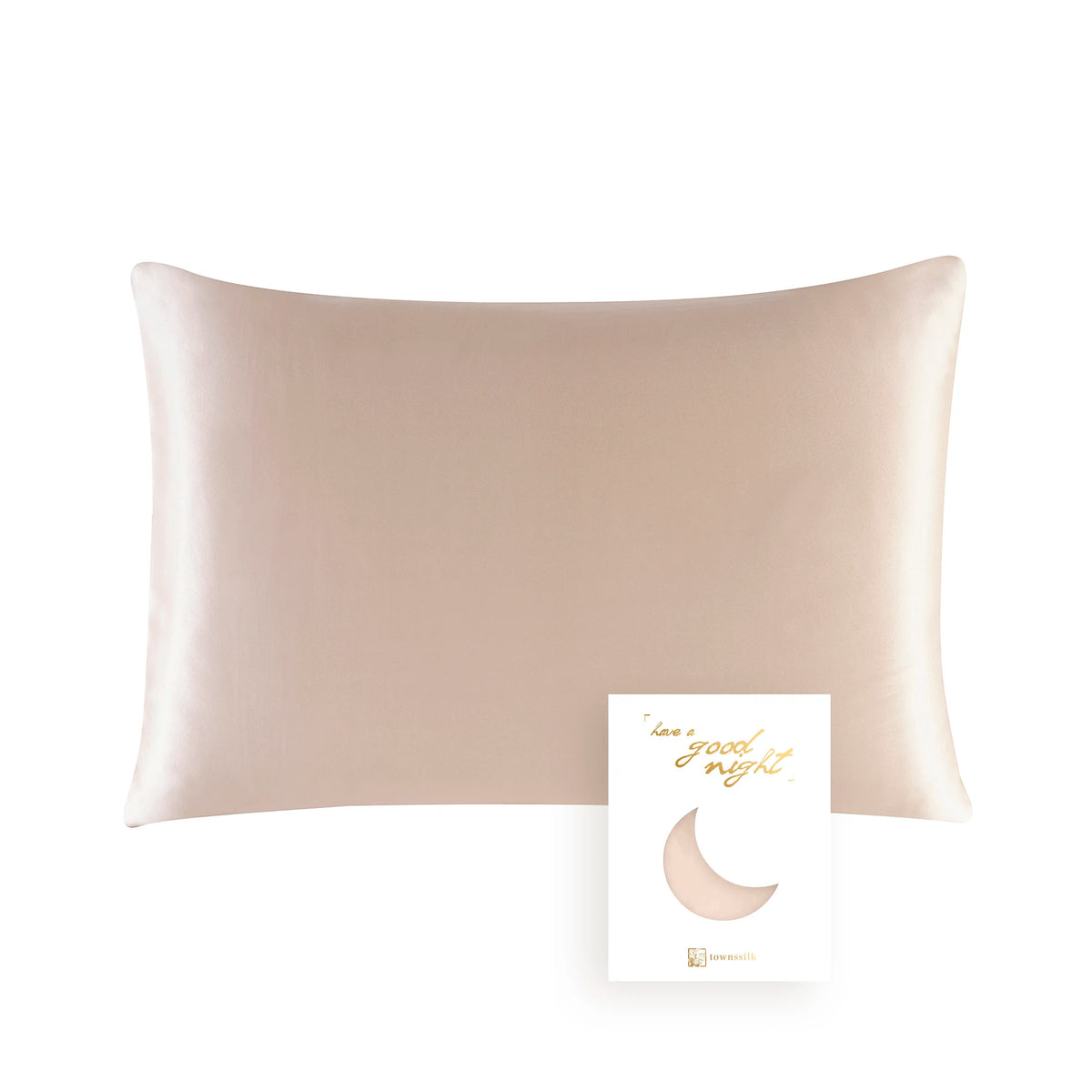 A light beige mulberry silk pillowcase with a subtle crescent moon design.
