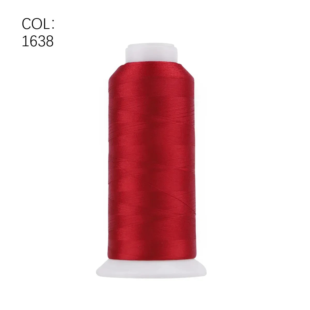 A roll of deep red polyester embroidery thread with a white core.