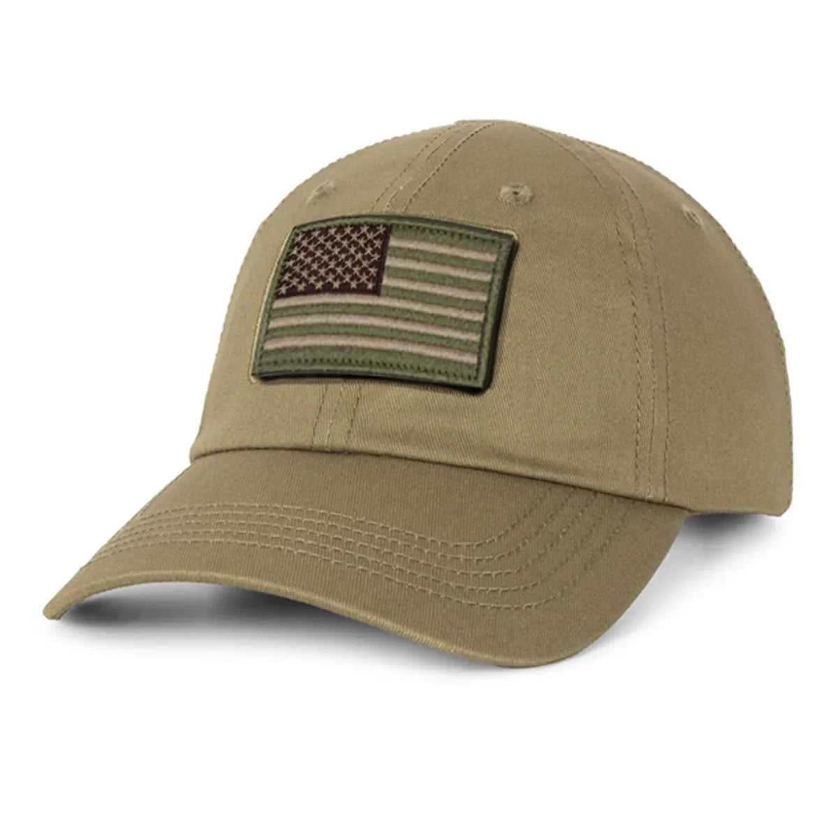 Olive green baseball cap with a distressed American flag patch on the front