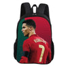 A red and green football sports backpack featuring a graphic of Cristiano Ronaldo in a soccer jersey.