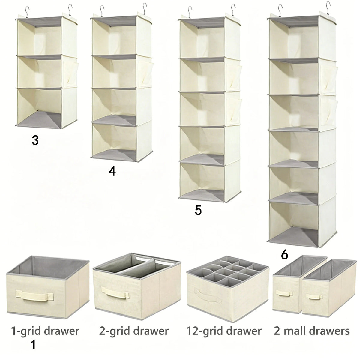 Various configurations of a foldable hanging closet organizer including 1-grid, 2-grid, 5-grid, 6-grid, 12-grid, and 2-mall d