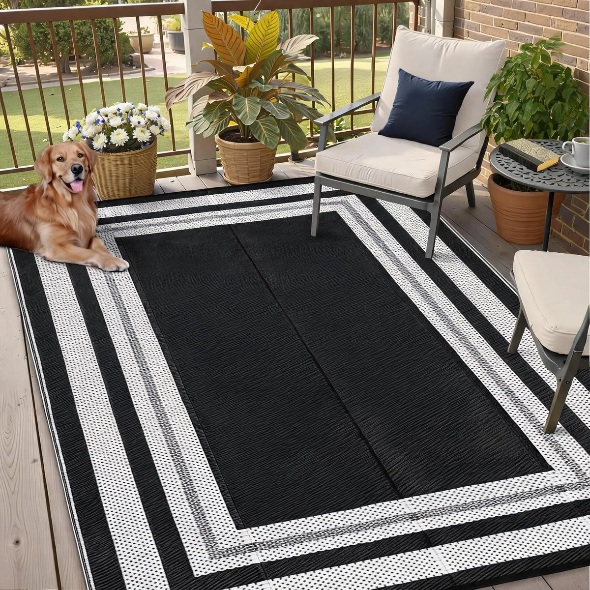 A black and white striped outdoor patio rug placed on a wooden deck with potted plants and a chair.