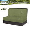 Two olive green cushion covers for an RV dinette with a leaf pattern.