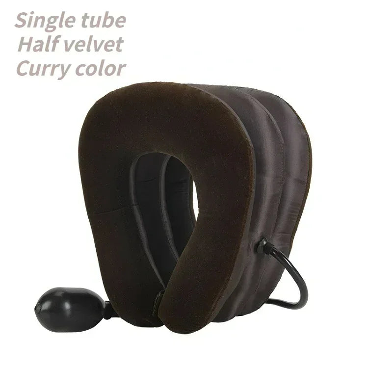 A dark brown half velvet single tube neck stretcher pillow for cervical traction.