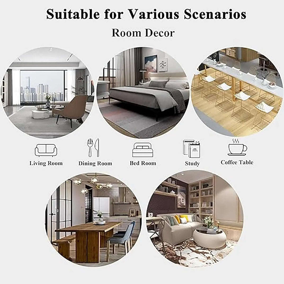 A collection of floor mats shown in various room decor scenarios including living room, dining room, bedroom, study, and coff