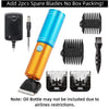 A set of two black spare blades and an orange cordless carpet trimmer tool are shown.