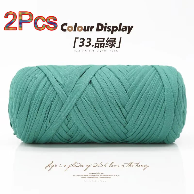 A skein of teal colored elastic yarn is shown rolled up for crafting.