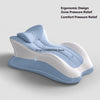 A light blue ergonomic memory foam wedge pillow showing different pressure relief zones labeled A, B, C, and D.