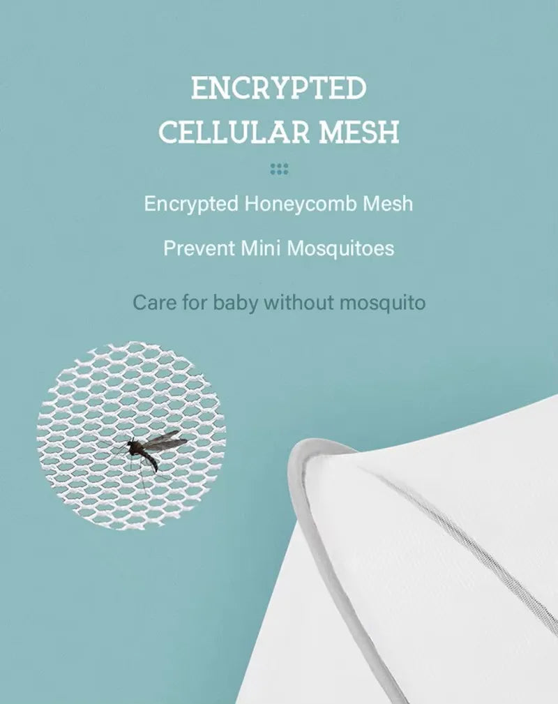 A close-up of an encrypted honeycomb mesh mosquito net being folded, designed to prevent mini mosquitoes while caring for a b