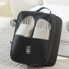 A black portable travel shoe organizer bag with two mesh compartments is shown on a light surface.