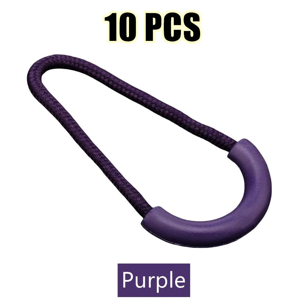 Ten purple U-shaped zipper pull straps shown against a white background.
