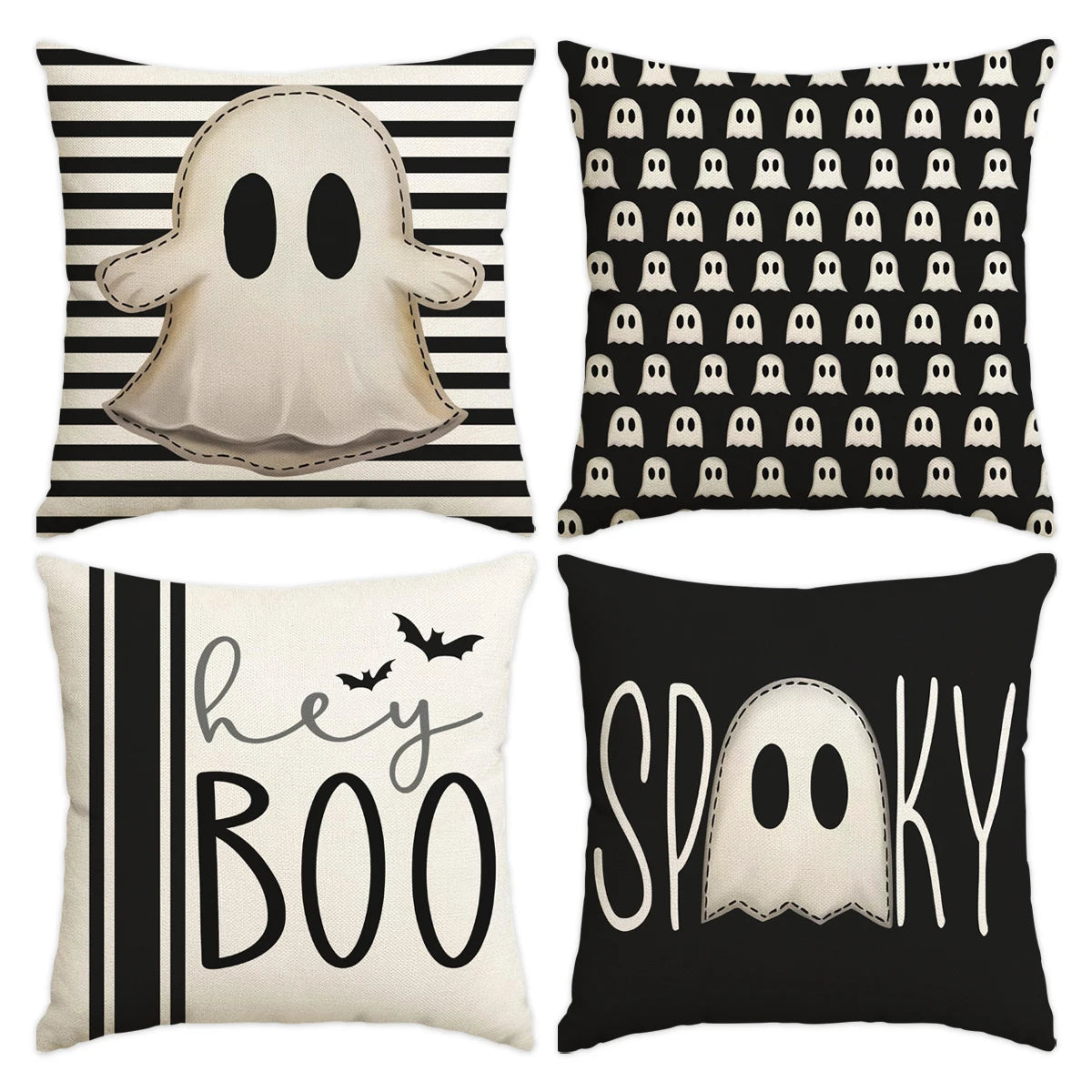 Set of four Halloween cushion covers featuring ghost, pumpkin, and skull designs on black and white backgrounds.