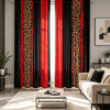 A set of two floor-length curtains featuring a black and red fabric with a leopard print pattern, hanging in a modern room.