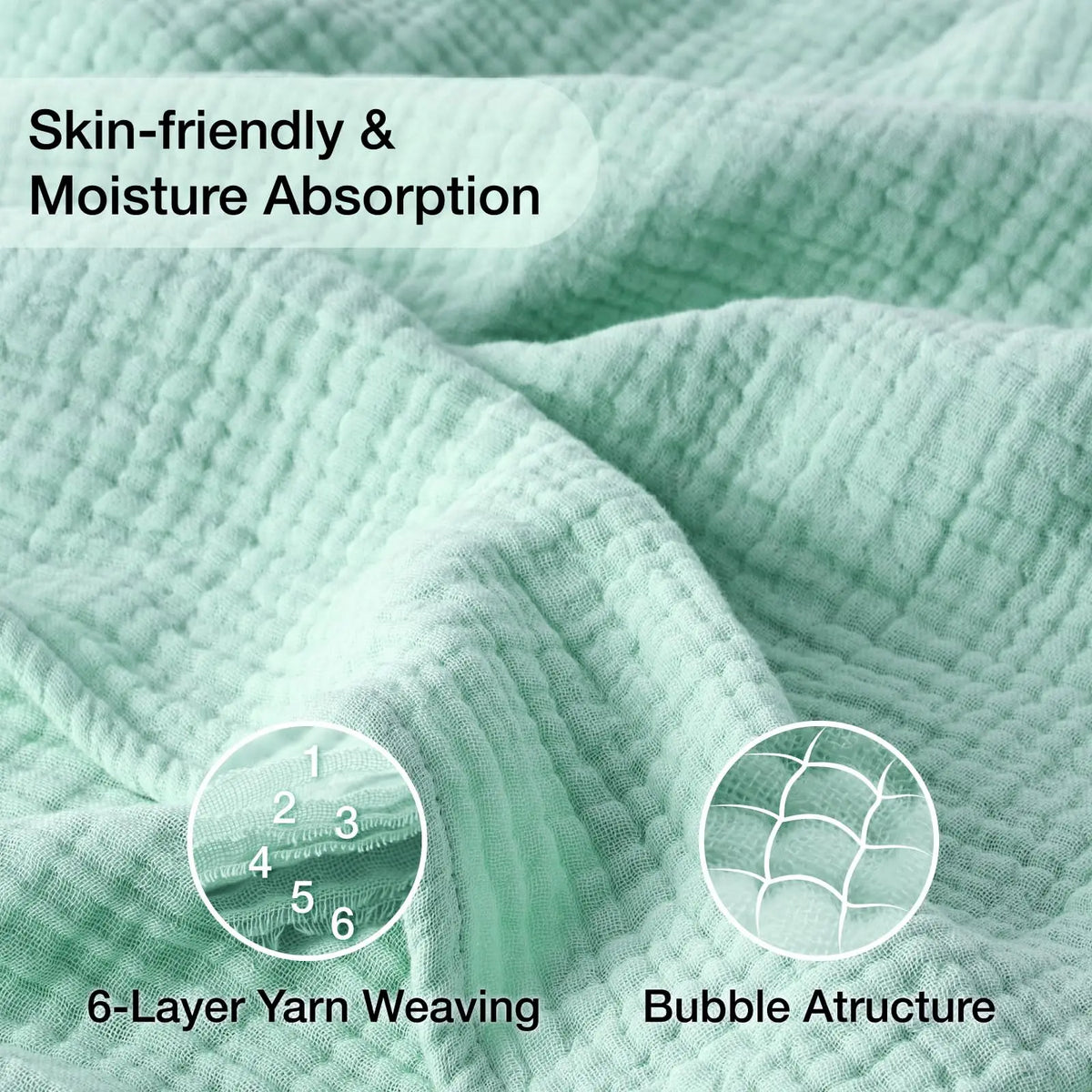 Close-up of a light green, quilted fabric showing 6-layer yarn weaving and bubble attructure.