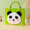 A bright lime green felt bag shaped like a panda face with black ears and white fur, used for a beginner animal craft kit.