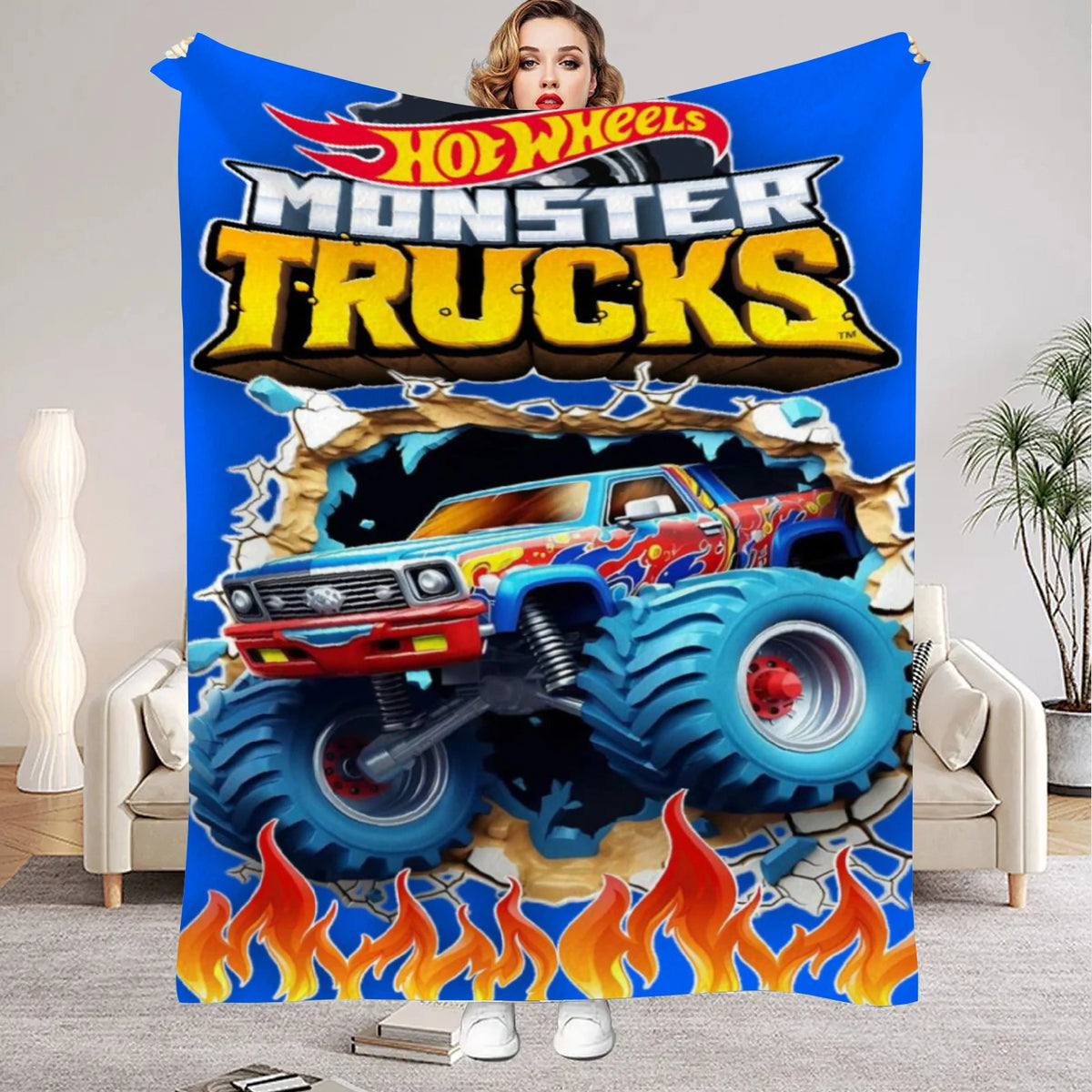 A colorful poster featuring a monster truck driving through flames and debris.