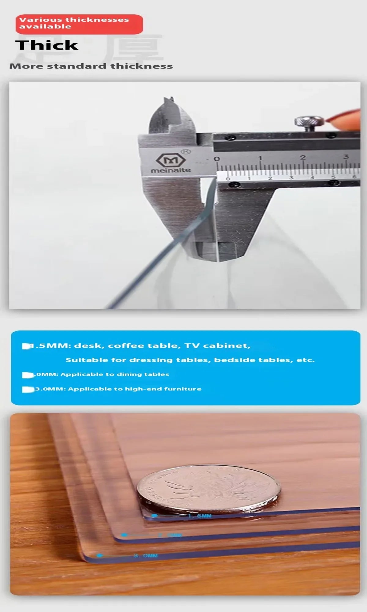 A measuring device shows the thickness of a material, with various thicknesses listed for different furniture types.