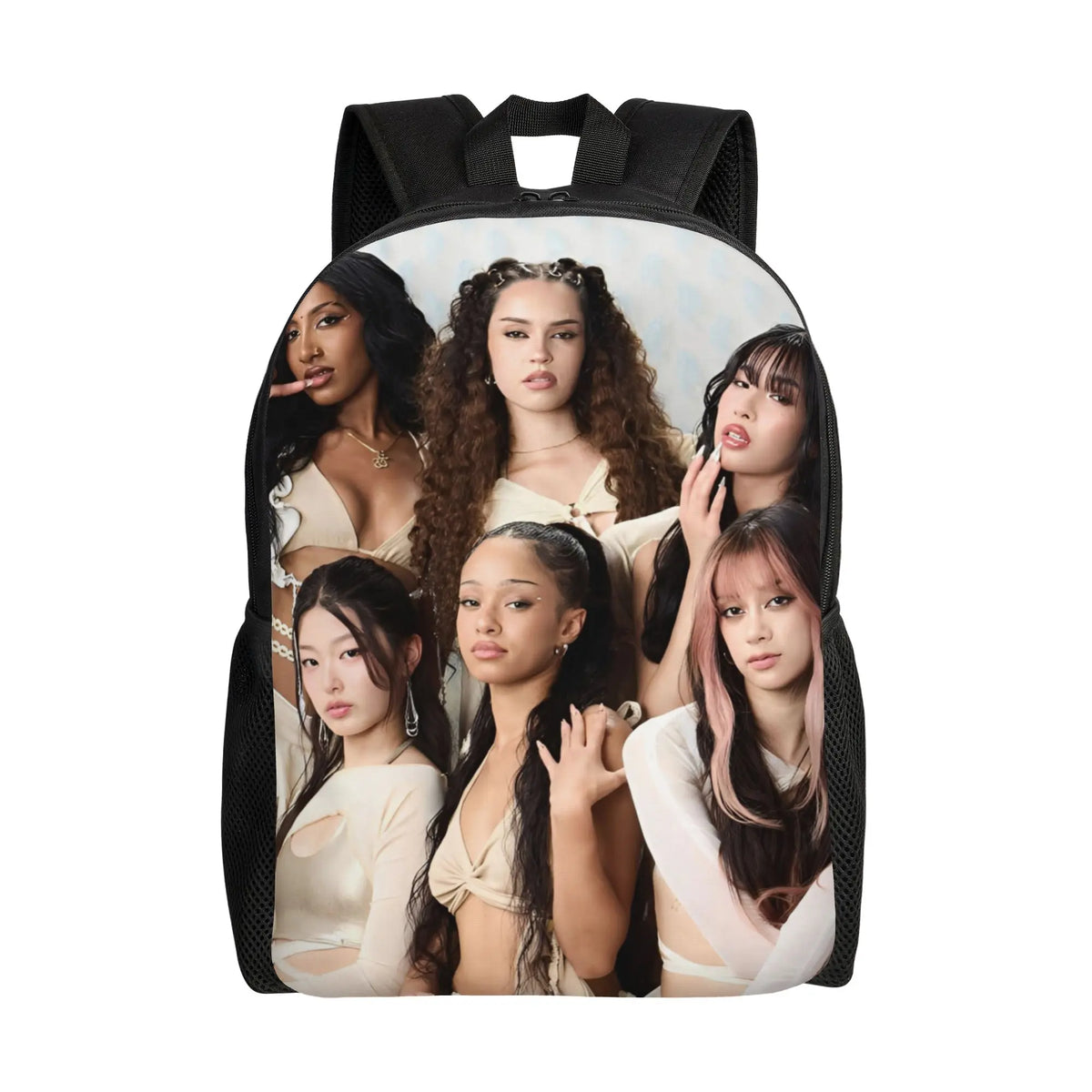A black canvas backpack featuring multiple portraits of women with long hair and light-colored clothing.